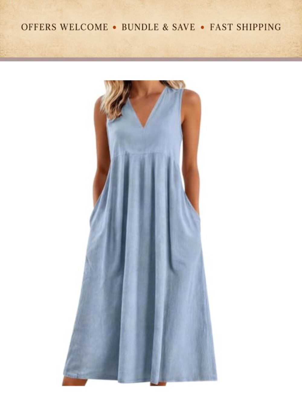Women's Sleeveless Midi Dress V-Neck Casual Loose Fit with Side Pockets